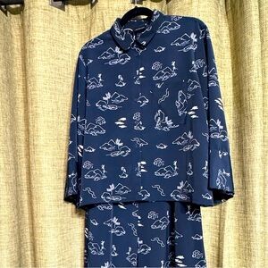 Monki Navy Island Print cropped matching set - wide leg pants and blouse.